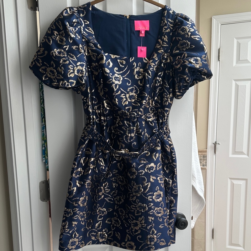 Lilly Pulitzer Navy Blue and Gold Floral Dress